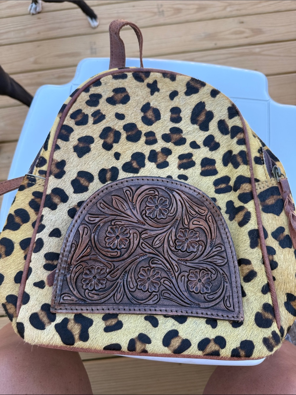 American Darling Leopard Print Mini Backpack with Brown Tooled Leather Pocket